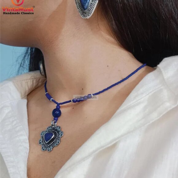 Blue Beaded Necklace with Silver Heart Lapis Pendant, Unique Beaded Necklace - Picture 3 of 11